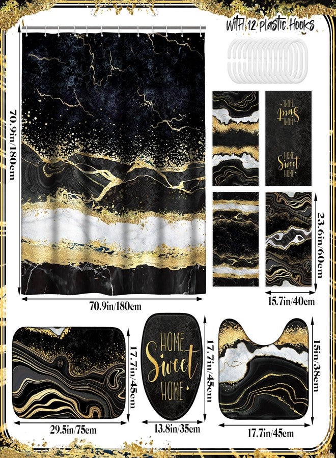 Honoson 8 Pcs Black and Gold Marble Shower Curtain Set with Rugs and Kitchen Towels Marble Farmhouse Shower Curtain Bathroom Set for Farmhouse Country Summer Halloween Housewarming Gifts Decor - Image 3