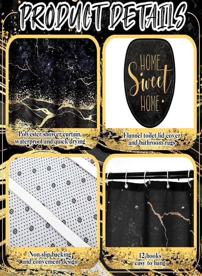 Honoson 8 Pcs Black and Gold Marble Shower Curtain Set with Rugs and Kitchen Towels Marble Farmhouse Shower Curtain Bathroom Set for Farmhouse Country Summer Halloween Housewarming Gifts Decor - Image 5