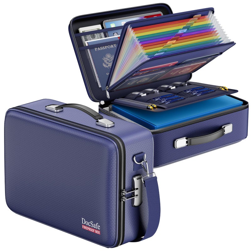 DocSafe Fireproof Document Box with Lock, Hard Case File Organizer with Accordion File Folder, Fireproof Water Resistant Safe Box Home Office Travel Storage for Important Documents Laptop Blue - Image 1