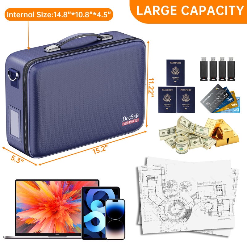 DocSafe Fireproof Document Box with Lock, Hard Case File Organizer with Accordion File Folder, Fireproof Water Resistant Safe Box Home Office Travel Storage for Important Documents Laptop Blue - Image 5