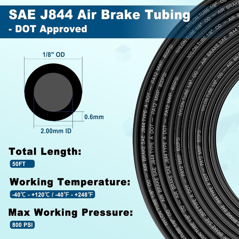 boeray خرطوم هواء نايلون PA12 SAE J844 DOT 1/8 بوصة بطول 50 قدم مع قاطع، أنبوب هواء هوائي بقطر خارجي 1/8 بوصة، معتمد من DOT، خرطوم فرامل هواء 1/8 بوصة لنظام تعليق هوائي للشاحنات والمقطورات ونظام الفرامل ونقل السوائل، 11 مترًا - Image 2