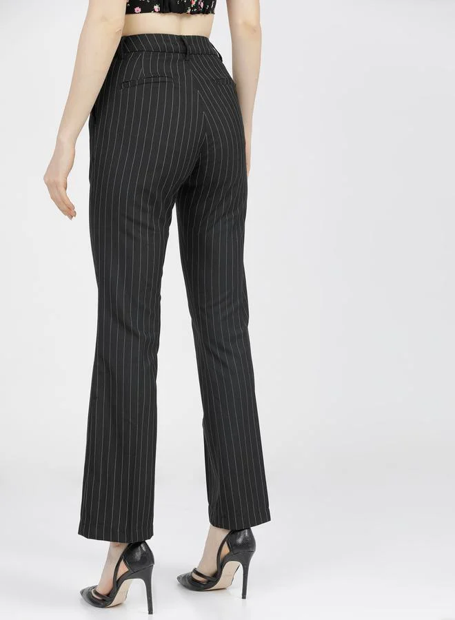 Tokyo Talkies Pinstriped Straight Fit Bootcut Trousers with Pockets by Styli