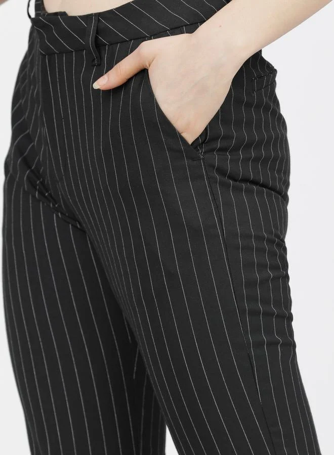 Tokyo Talkies Pinstriped Straight Fit Bootcut Trousers with Pockets by Styli