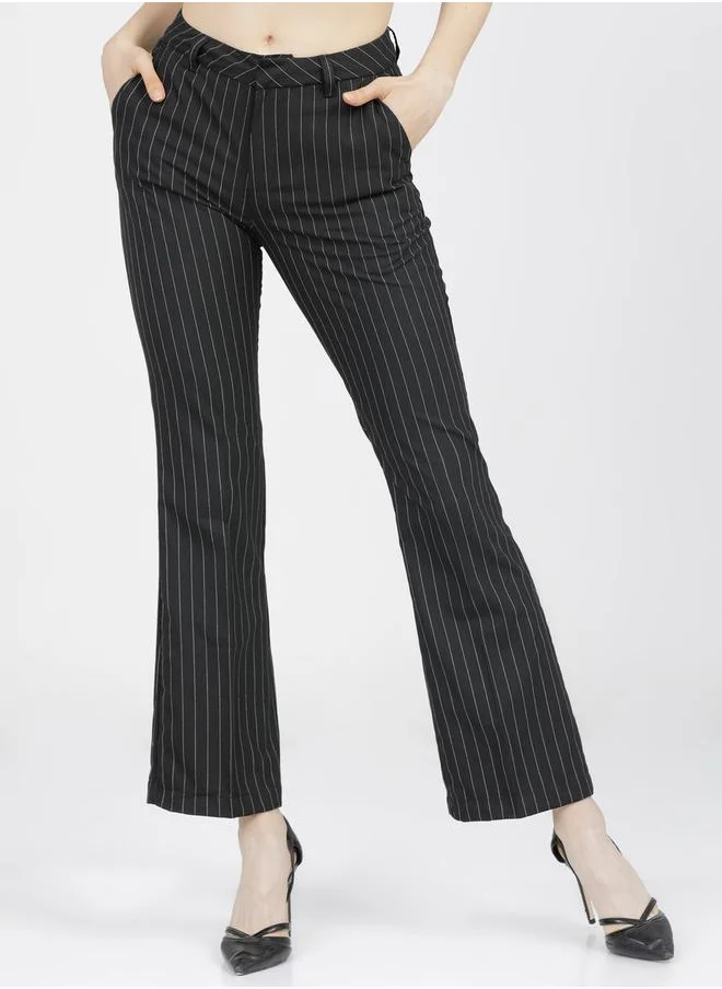 Tokyo Talkies Pinstriped Straight Fit Bootcut Trousers with Pockets