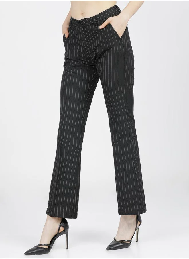 Tokyo Talkies Pinstriped Straight Fit Bootcut Trousers with Pockets