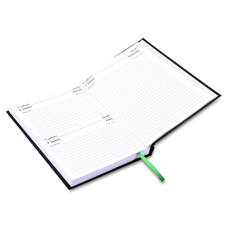 FIS مفكرة أجندة FIS 2026 A5، حجم 148x210 مم، غلاف صلب من الفينيل، يوم واحد في الصفحة مع دمج الخميس والجمعة، الحق في الفتح، عربي/إنجليزي، ورق أبيض 60 جرام، غلاف أخضر - FSDI90AER26GR - Image 3