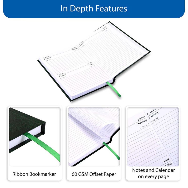 FIS مفكرة أجندة FIS 2026 A5، حجم 148x210 مم، غلاف صلب من الفينيل، يوم واحد في الصفحة مع دمج الخميس والجمعة، الحق في الفتح، عربي/إنجليزي، ورق أبيض 60 جرام، غلاف أخضر - FSDI90AER26GR - Image 5