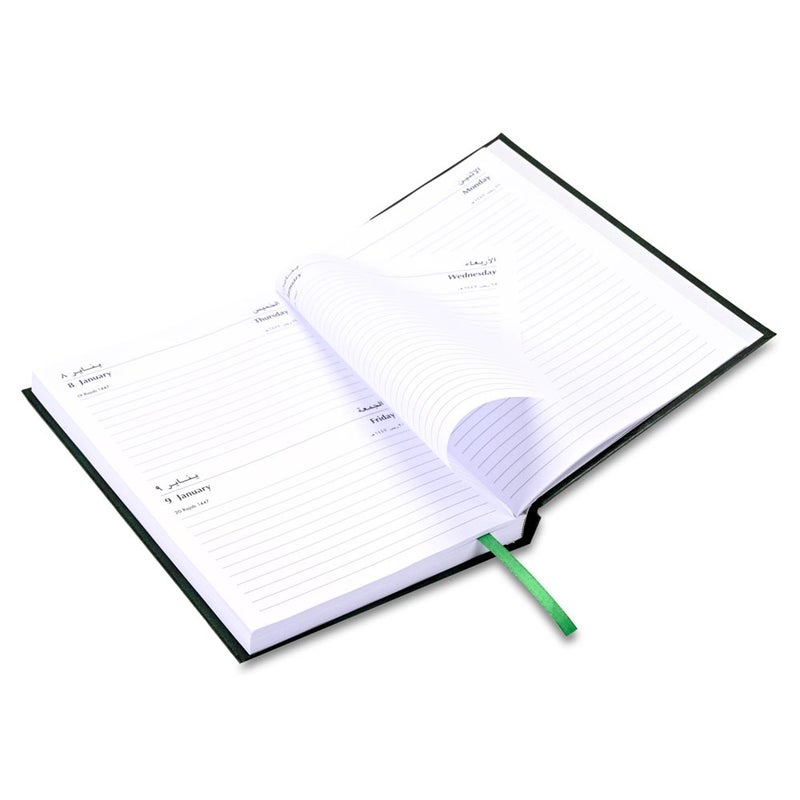 FIS مفكرة أجندة FIS 2026 A5، حجم 148x210 مم، غلاف صلب من الفينيل، يوم واحد في الصفحة مع دمج الخميس والجمعة، الحق في الفتح، عربي/إنجليزي، ورق أبيض 60 جرام، غلاف أخضر - FSDI90AER26GR - Image 4