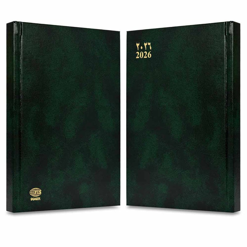 FIS مفكرة أجندة FIS 2026 A5، حجم 148x210 مم، غلاف صلب من الفينيل، يوم واحد في الصفحة مع دمج الخميس والجمعة، الحق في الفتح، عربي/إنجليزي، ورق أبيض 60 جرام، غلاف أخضر - FSDI90AER26GR - Image 2