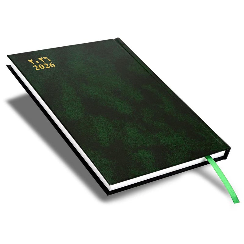 FIS مفكرة أجندة FIS 2026 A5، حجم 148x210 مم، غلاف صلب من الفينيل، يوم واحد في الصفحة مع دمج الخميس والجمعة، الحق في الفتح، عربي/إنجليزي، ورق أبيض 60 جرام، غلاف أخضر - FSDI90AER26GR - Image 1