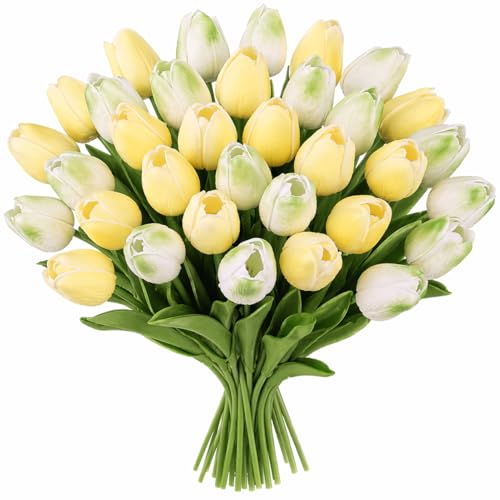MACTING 30 PCS Artificial Tulip Flowers 13.7" Real Touch Fake Flowers Faux PU Tulips for Floral Arrangement Table Centerpieces Kitchen Home Indoor Mothers Day Summer Decorations,Mix Green - Image 1