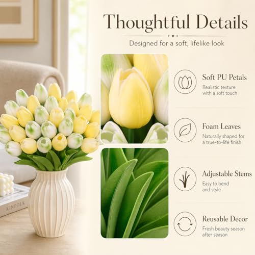 MACTING 30 PCS Artificial Tulip Flowers 13.7" Real Touch Fake Flowers Faux PU Tulips for Floral Arrangement Table Centerpieces Kitchen Home Indoor Mothers Day Summer Decorations,Mix Green - Image 3