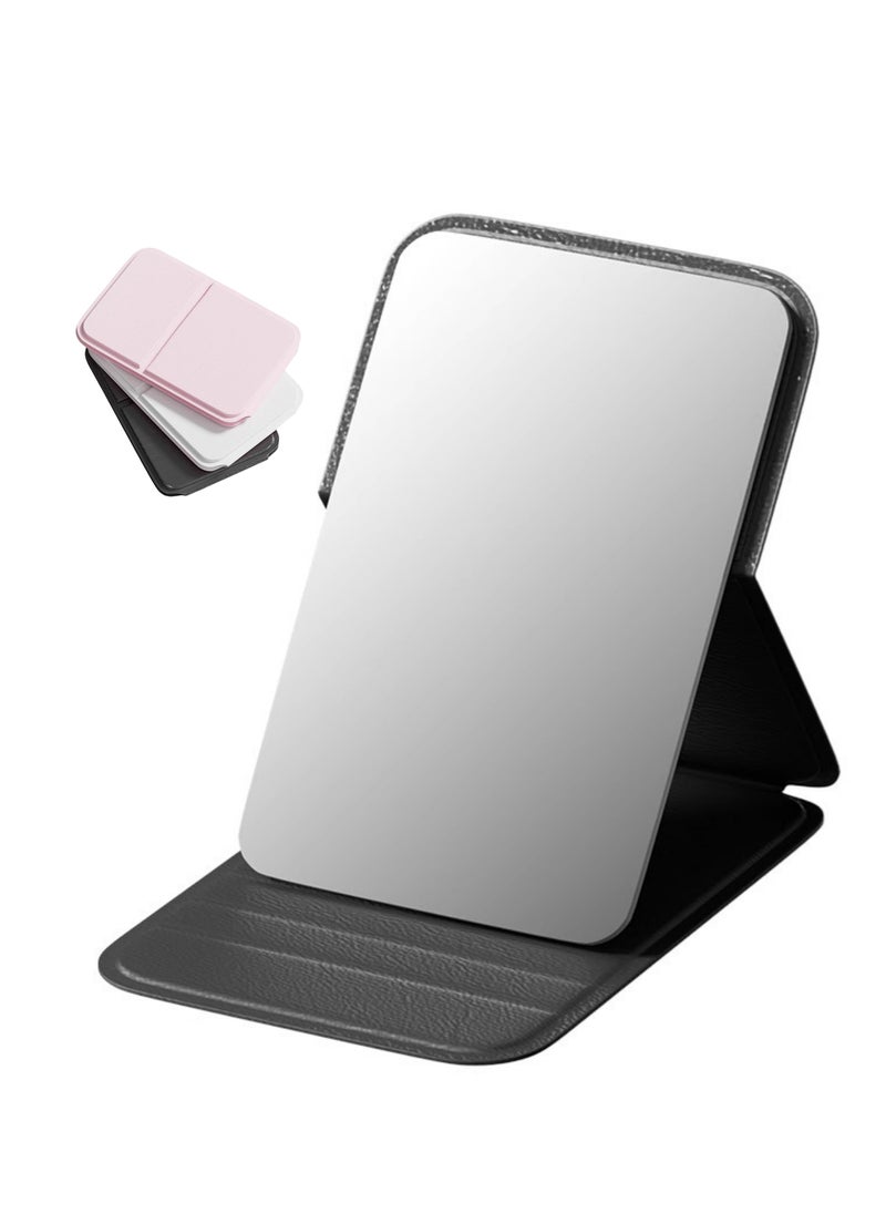 Generic Three Pieces Portable PU Leather Mirror, Folding Desktop Makeup Mirror with Adjustable Stand for Dressing Table, Office, Travel (White Pink Black)  - Image 1