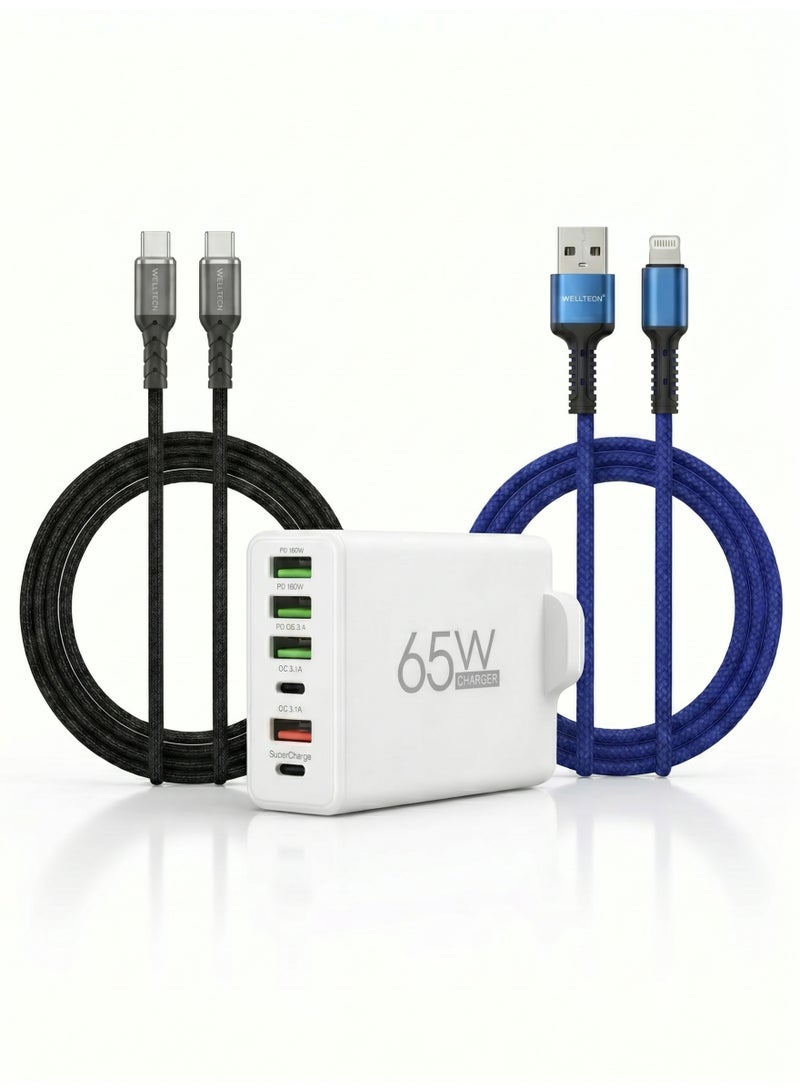 ويلتك شاحن جداري نحاسي سريع الشحن بقوة 65 واط، مزود بـ 6 منافذ USB-C PD وكابل USB-C مضفر إلى USB-C وكابل Lightning، متوافق مع أجهزة iPhone و iPad و Android و MacBook والكمبيوتر المحمول - Image 1