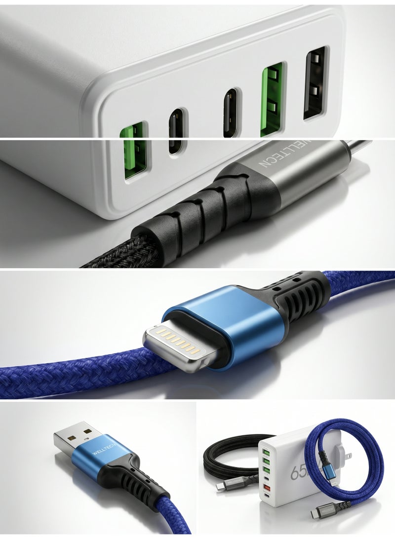 ويلتك شاحن جداري نحاسي سريع الشحن بقوة 65 واط، مزود بـ 6 منافذ USB-C PD وكابل USB-C مضفر إلى USB-C وكابل Lightning، متوافق مع أجهزة iPhone و iPad و Android و MacBook والكمبيوتر المحمول - Image 5
