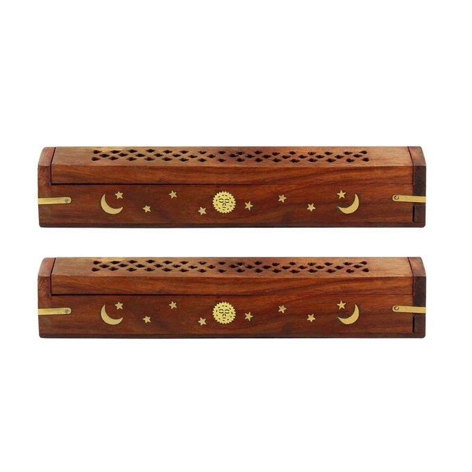 2 PACK HANDCRAFTED WOODEN INCENSE STICK HOLDER WITH SUN AND MOON INLAY ASH CATCHER FOR MEDITATION HOME DECOR ACCESSORIES 12X2X15 INCHES