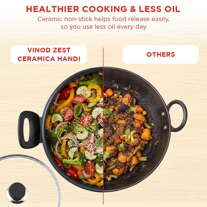 Vinod Nonstick Handi with Lid - 6.5 Litres | 3mm Heavy Bottom Stick Free Biryani Pot | Ceramic Cookware for Healthy Cooking | Gas & Induction Friendly | Metal Spoon Safe | 24 Months Warranty - Image 4