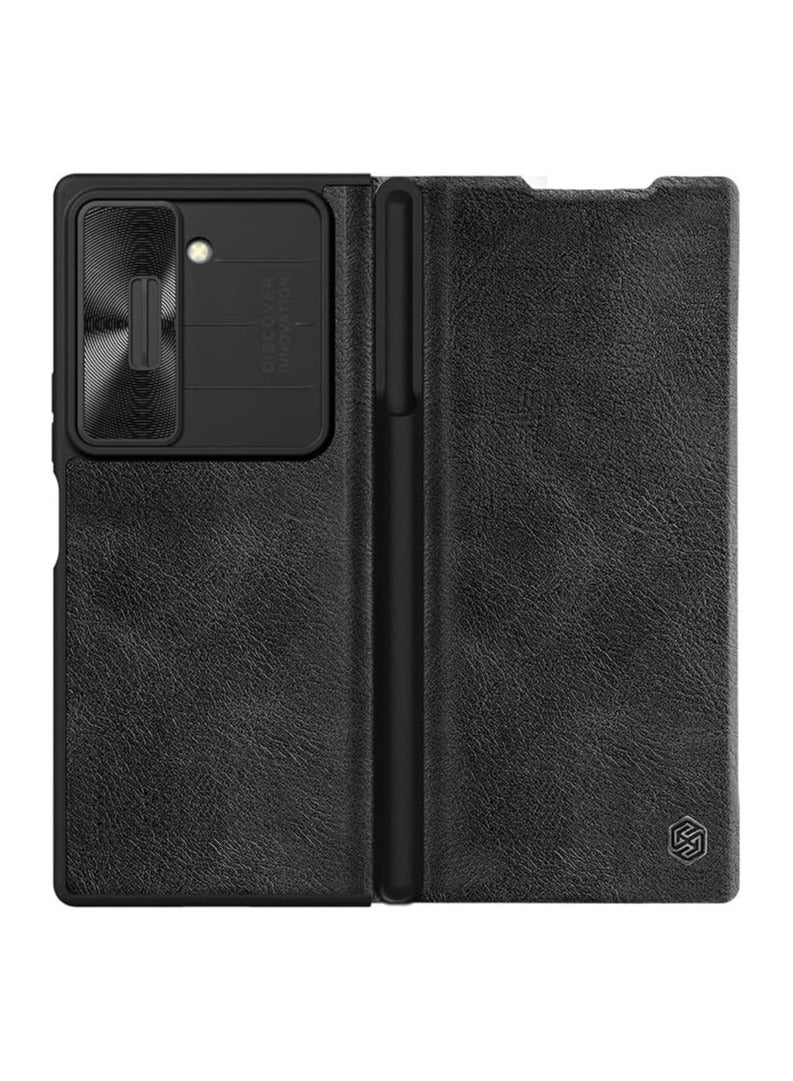 عام غطاء من جلد PU لجهاز Samsung Galaxy Z Fold 6 5G 2024، مزود بغطاء كاميرا منزلق، حماية لخصوصية العدسات، مع فتحة قلم لجهاز Samsung Galaxy Z Fold 6. - Image 1