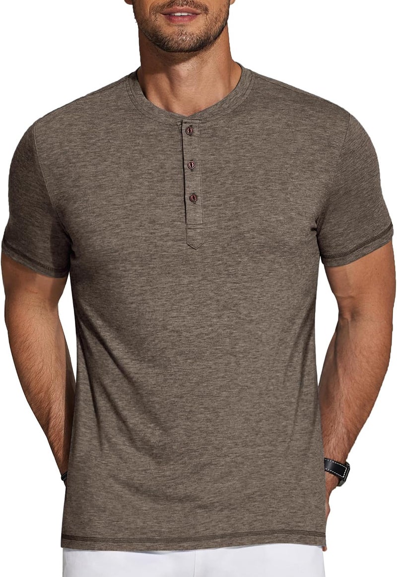 COOFANDY Men's Short Sleeve Henley Shirt - Casual Basic Tee in Brown - Image 1
