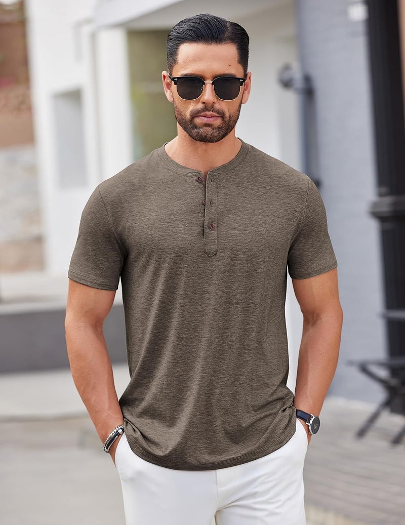 COOFANDY Men's Short Sleeve Henley Shirt - Casual Basic Tee in Brown - Image 4