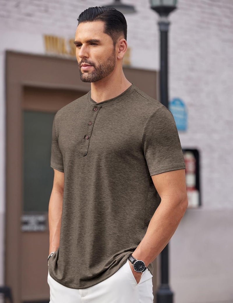 COOFANDY Men's Short Sleeve Henley Shirt - Casual Basic Tee in Brown - Image 2