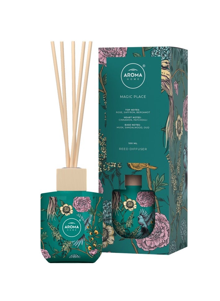 Aroma Home Magic Place Reed Diffuser, 100ml, Rose Saffron Bergamot with Cinnamon and Oud Notes, Teal Floral Design, Made in Poland