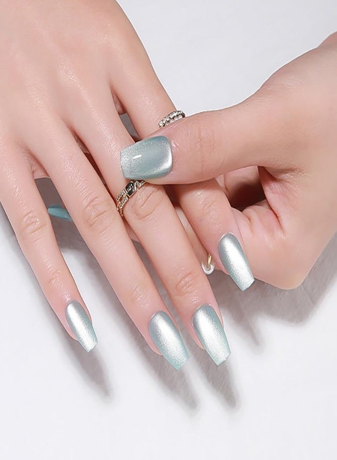 evpct Cat Eye Coffin Press on Nails Square Medium, Glue on Nails Medium Square for Women Gift, Teal Light Blue Green Metallic Glitter Glossy Gel Reusable Stick Acrylic Fake Press on Nail with Designs - Image 4