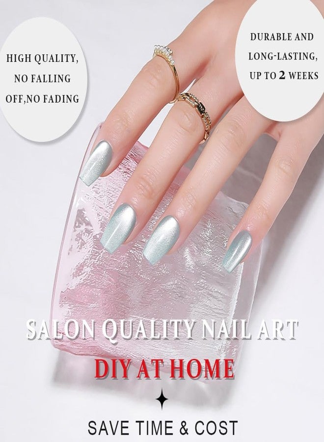 evpct Cat Eye Coffin Press on Nails Square Medium, Glue on Nails Medium Square for Women Gift, Teal Light Blue Green Metallic Glitter Glossy Gel Reusable Stick Acrylic Fake Press on Nail with Designs - Image 5