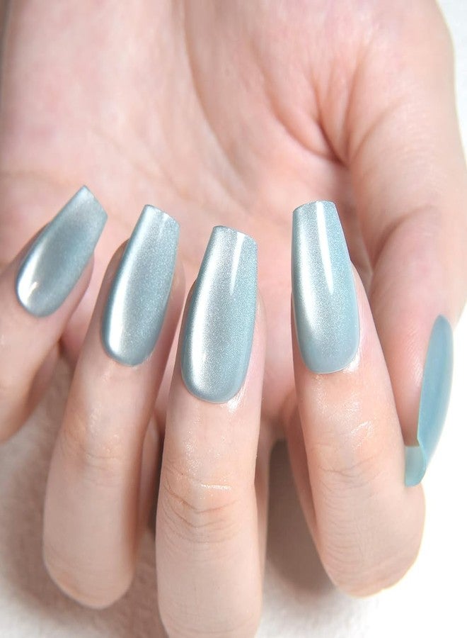 evpct Cat Eye Coffin Press on Nails Square Medium, Glue on Nails Medium Square for Women Gift, Teal Light Blue Green Metallic Glitter Glossy Gel Reusable Stick Acrylic Fake Press on Nail with Designs - Image 3