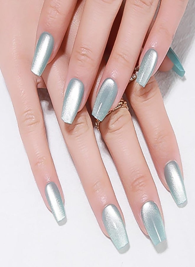 evpct Cat Eye Coffin Press on Nails Square Medium, Glue on Nails Medium Square for Women Gift, Teal Light Blue Green Metallic Glitter Glossy Gel Reusable Stick Acrylic Fake Press on Nail with Designs - Image 1