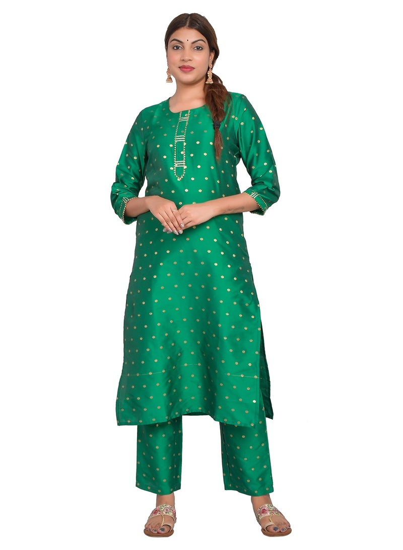 Riara Women Bright Green Kurti with Pant Set 3/4 Sleeves Suitable for Casual Wear and Fusion Wear Art Silk (Taffeta Booty) Size S  - Image 2