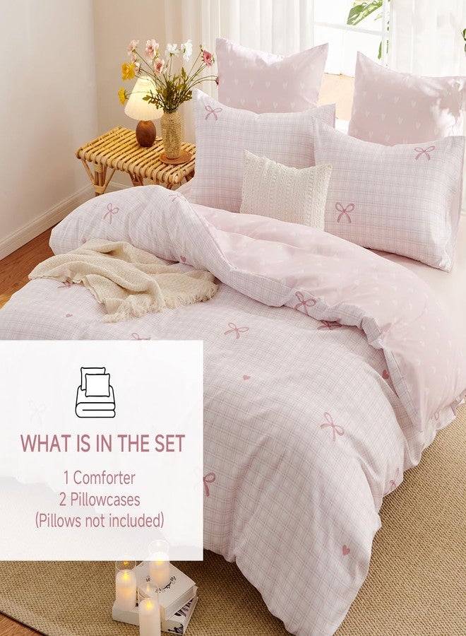 Erwinmu Gingham Comforter Set Queen Size,3 Pieces Pink Plaid Bow Ties Comforter Bedding Sets Reversible Pattern for Girls Kids,Cozy Breathable Microfiber Comforter and 2 Pillowcases - Image 4