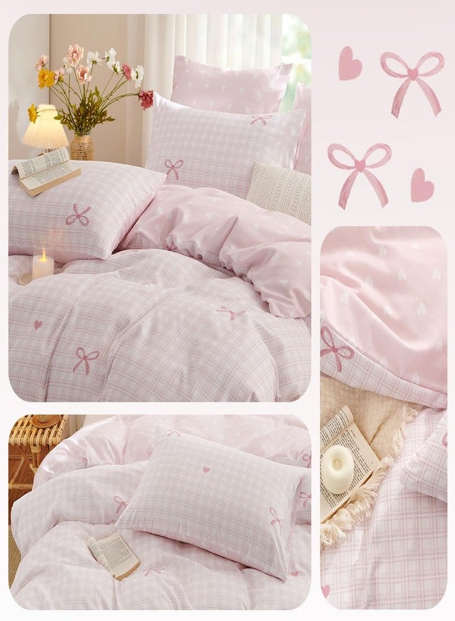 Erwinmu Gingham Comforter Set Queen Size,3 Pieces Pink Plaid Bow Ties Comforter Bedding Sets Reversible Pattern for Girls Kids,Cozy Breathable Microfiber Comforter and 2 Pillowcases - Image 5