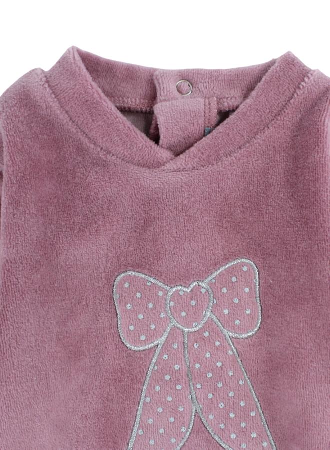 Pompelo Baby Girls Velvet Baby Footie – Dusty Pink with Bow Design - Image 3
