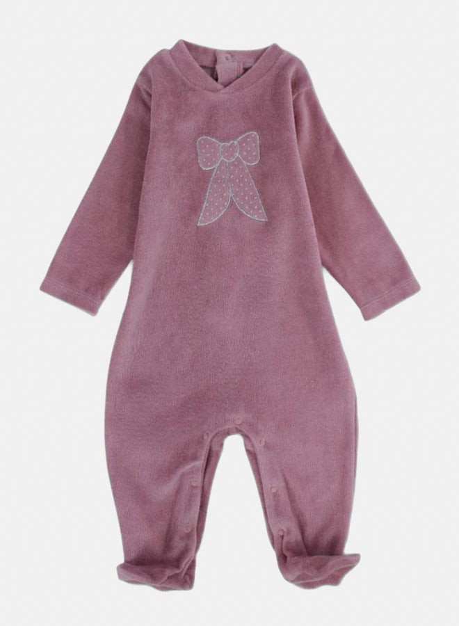 Pompelo Baby Girls Velvet Baby Footie – Dusty Pink with Bow Design - Image 1