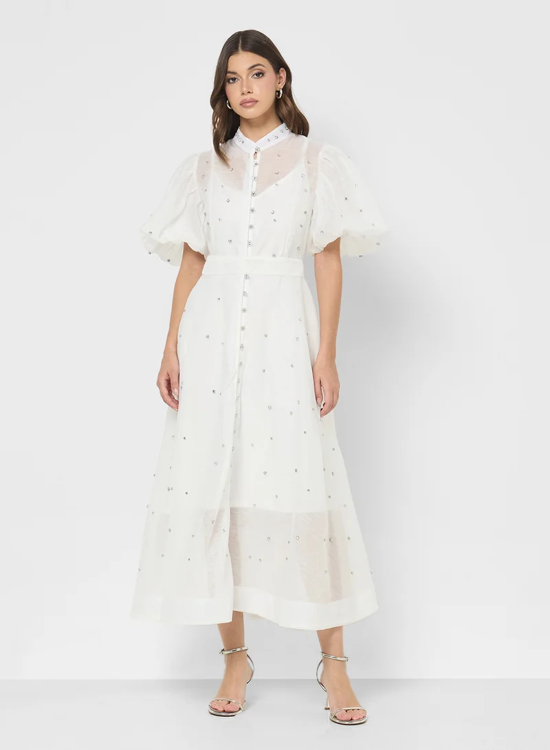 ELLA Puff Sleeve Dress With Dainty Embellishments