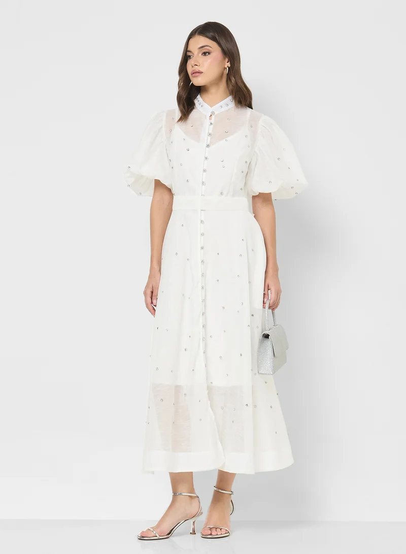 ELLA Puff Sleeve Dress With Dainty Embellishments
