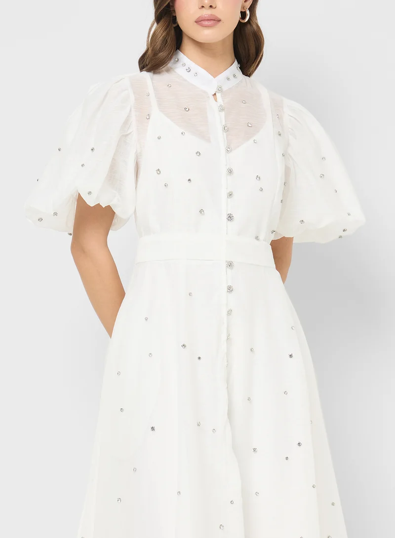 ELLA Puff Sleeve Dress With Dainty Embellishments