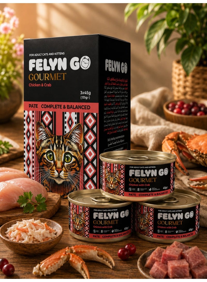 Felyn GO Chicken with Crab Pâté for Adult Cats & Kittens – 3 Pack Wet Cat Food – Premium Complete & Balanced Pâté (45g × 3) - Image 1