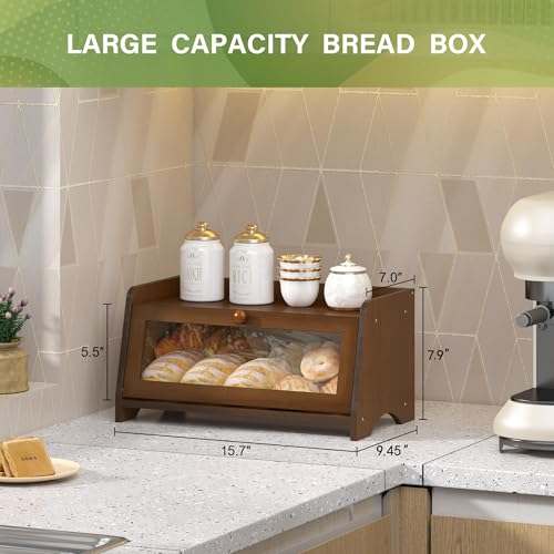 JANSNIMEN Vintage Bread Box for Kitchen Countertop Large Bread Container Storage Wooden Farmhouse Bread Box with Window Bread Holder Brown - Image 3