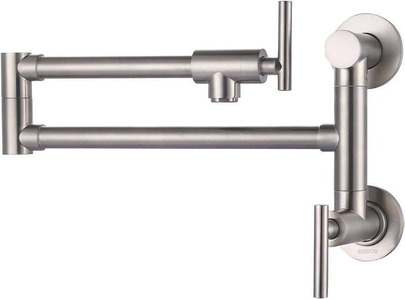 WOWOW Pot Filler Faucet Brushed Nickel: Single Hole Wall Mount Stove Faucet, Brass Pot Filler Two Attachment with Double Joint Swing Arms - Image 1
