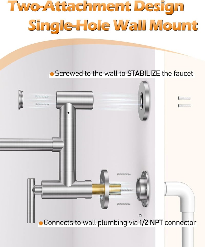 WOWOW Pot Filler Faucet Brushed Nickel: Single Hole Wall Mount Stove Faucet, Brass Pot Filler Two Attachment with Double Joint Swing Arms - Image 4