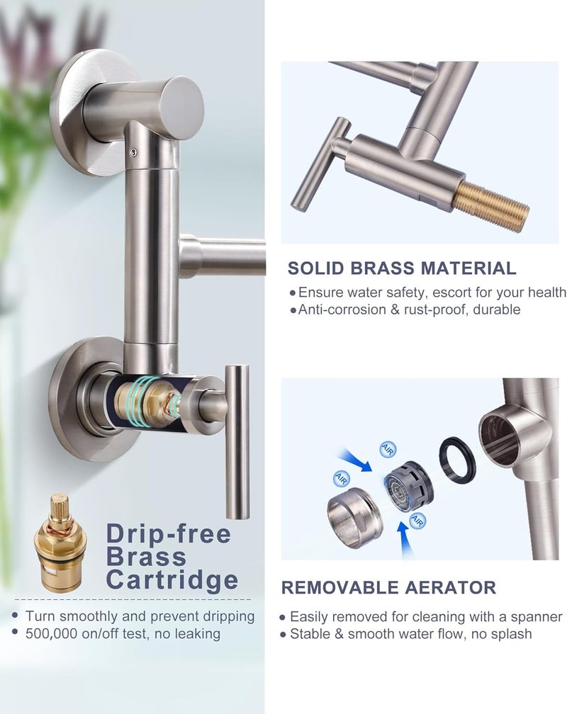 WOWOW Pot Filler Faucet Brushed Nickel: Single Hole Wall Mount Stove Faucet, Brass Pot Filler Two Attachment with Double Joint Swing Arms - Image 5