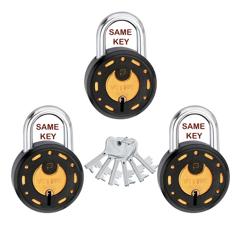 ONEPRO Azco Round Locks 65mm 6 Same Keys with 3 Padlocks | 8 Levers Double Locking | Lock and Key for Home Door Shop Gate Office Locker, Black Gold Finish (Pack of 3) - Image 1