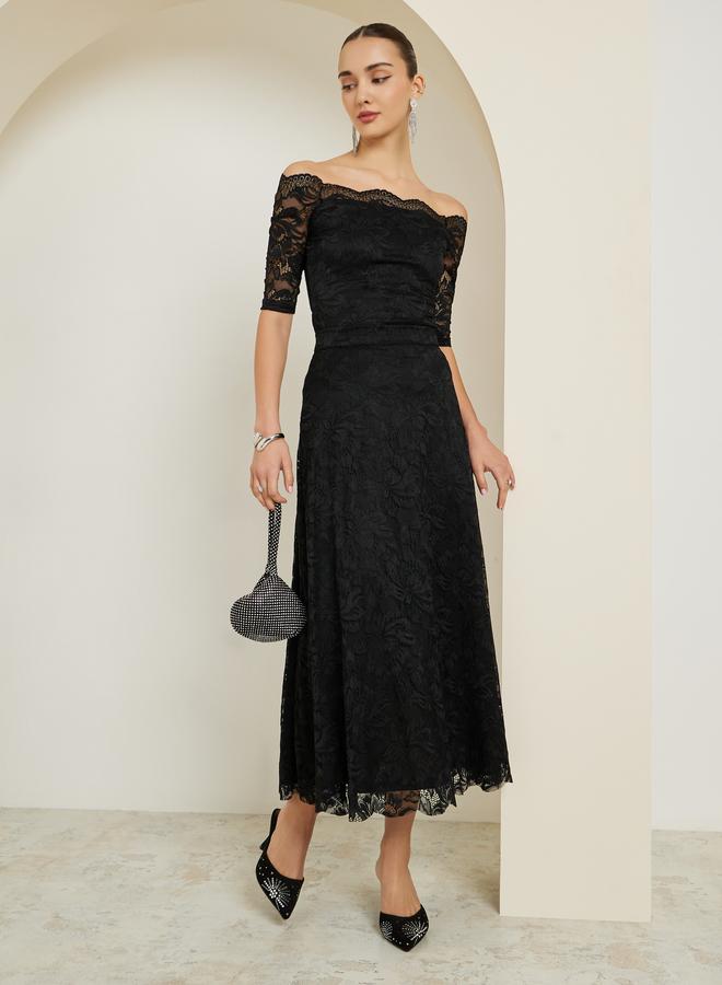 Styli Black Lace Overlay A-Line Midi Skirt - Image 1