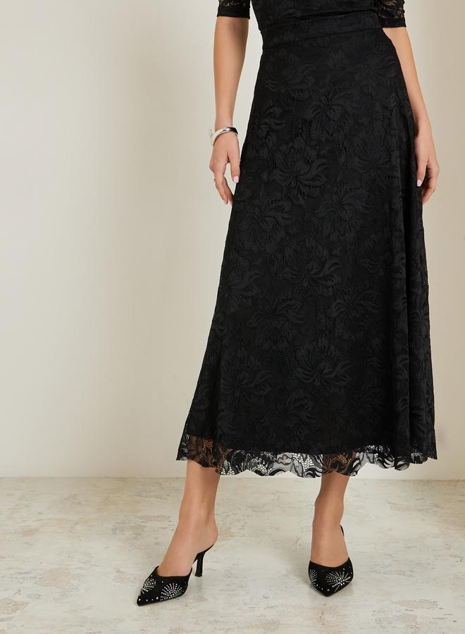 Styli Black Lace Overlay A-Line Midi Skirt - Image 2