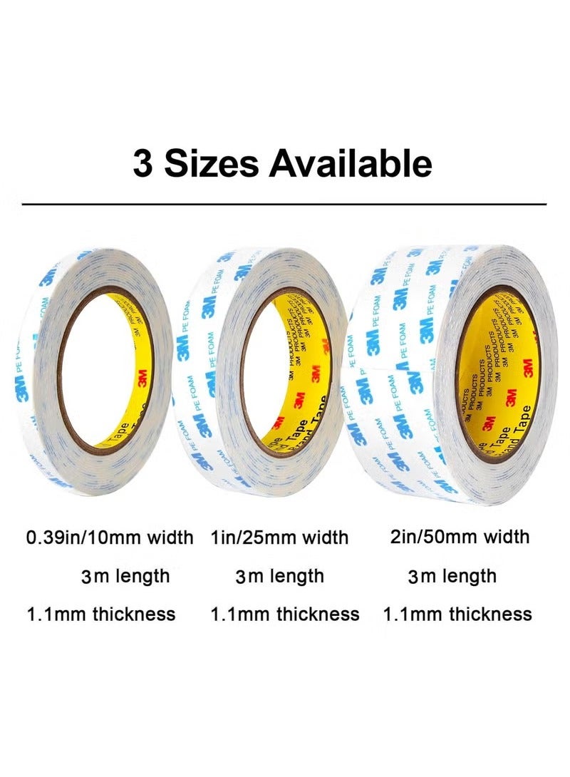 ثري ام شريط لاصق مزدوج الجوانب 1 سم × 3 أمتار، شريط تثبيت شديد التحمل، شرائط شريط من إسفنج البولي إيثيلين قابلة للإزالة، شريط لاصق قوي مقاوم للماء ولا يسبب ضررًا لطلاء الحائط وتعليق الصور والملصقات - Image 2