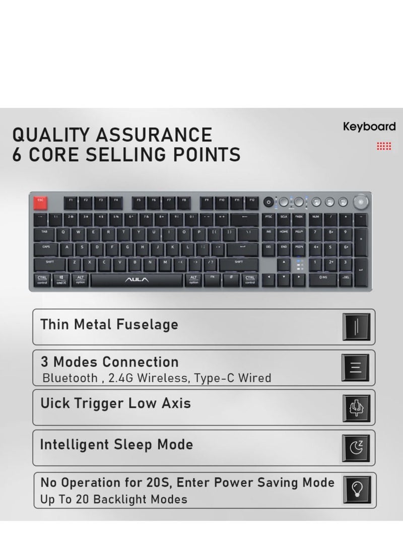 AULA - Black Switch Low Profile Mechanical Keyboard with Ice Blue Backlight Media Control 104-Key Slim Keycaps Tri-Mode Wireless/Bluetooth/ USB Type-C Wired PC Gaming Keyboard for Mac Windows iOS Android - Image 1