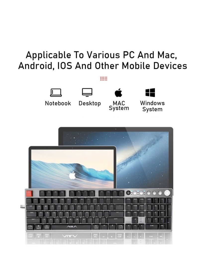 AULA - Black Switch Low Profile Mechanical Keyboard with Ice Blue Backlight Media Control 104-Key Slim Keycaps Tri-Mode Wireless/Bluetooth/ USB Type-C Wired PC Gaming Keyboard for Mac Windows iOS Android - Image 1