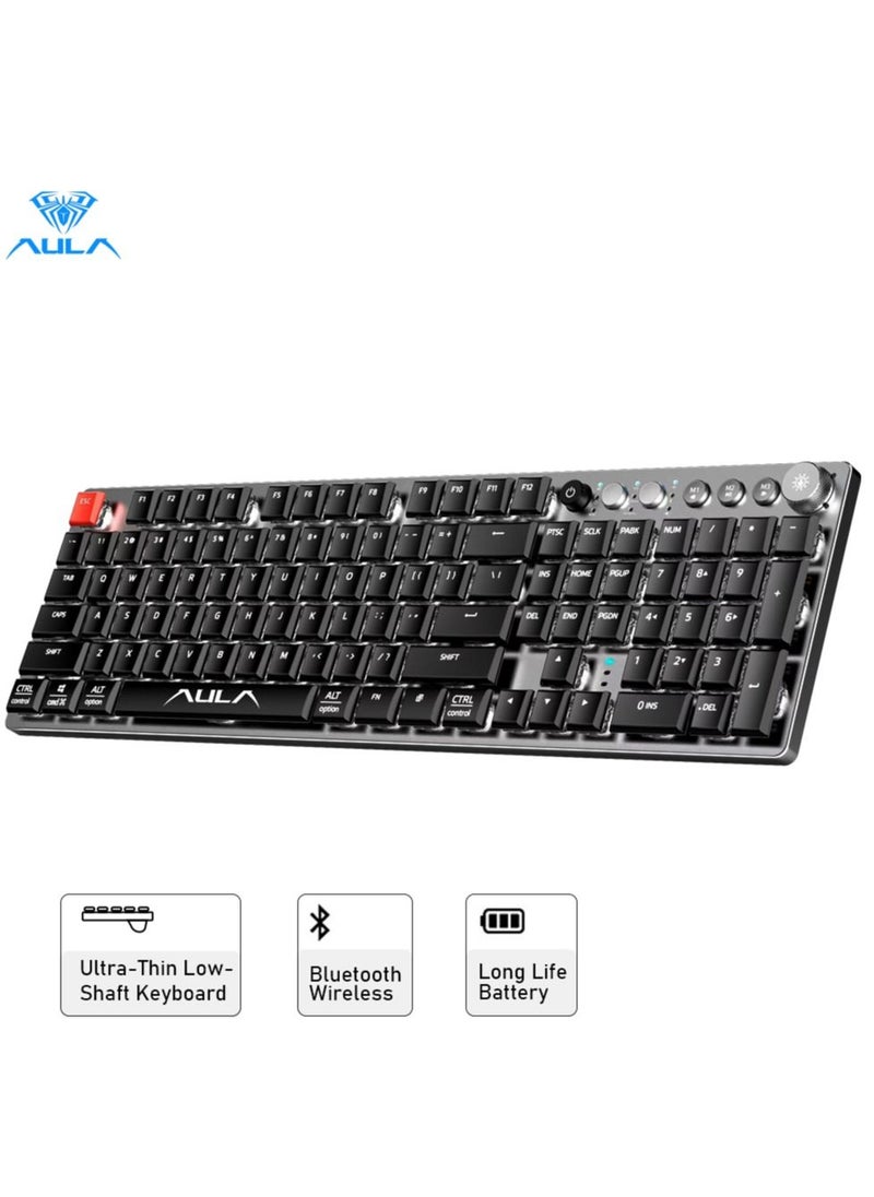AULA - Black Switch Low Profile Mechanical Keyboard with Ice Blue Backlight Media Control 104-Key Slim Keycaps Tri-Mode Wireless/Bluetooth/ USB Type-C Wired PC Gaming Keyboard for Mac Windows iOS Android - Image 1